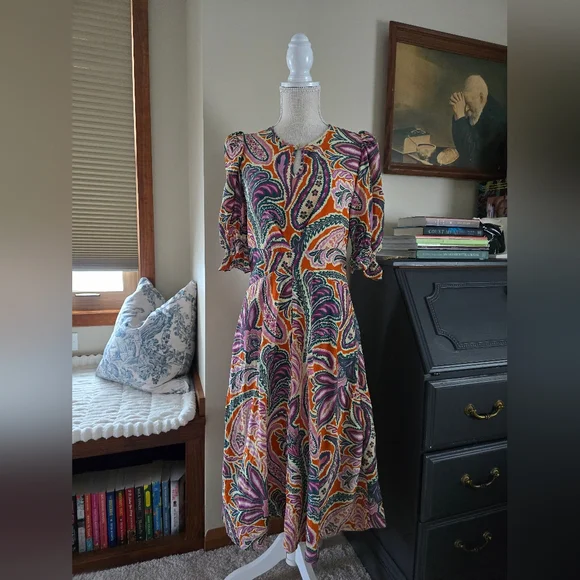 Tyler Boe Womens Dress Size Small Silk Purple And Orange Paisley Puff Sleeves - Picture 6 of 16